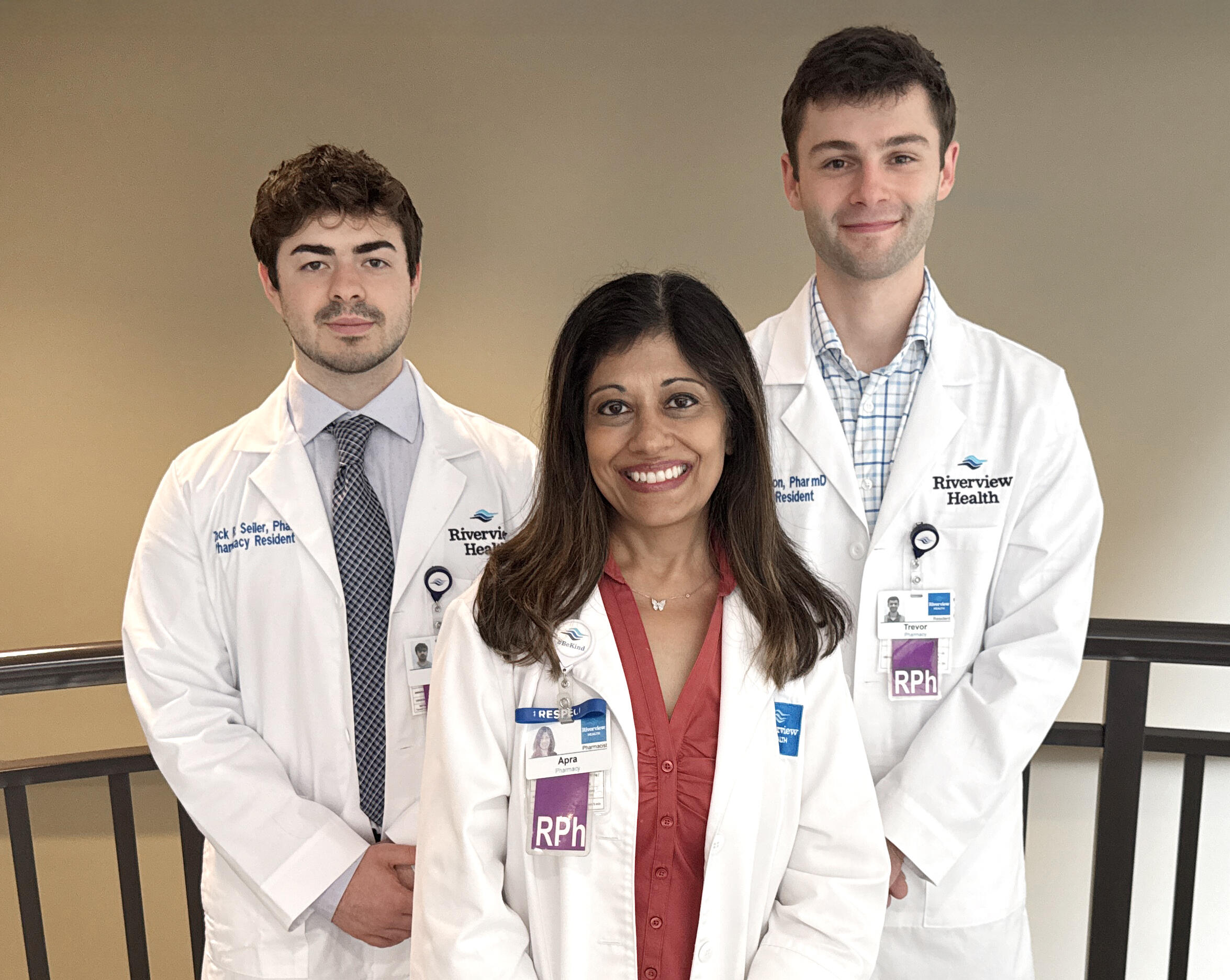 From left to right, PGY1 Pharmacy Resident, Zack Seiler,  Residency Program Director, Apra Gupta and PGY1 Pharmacy Resident, Grey Kinnison